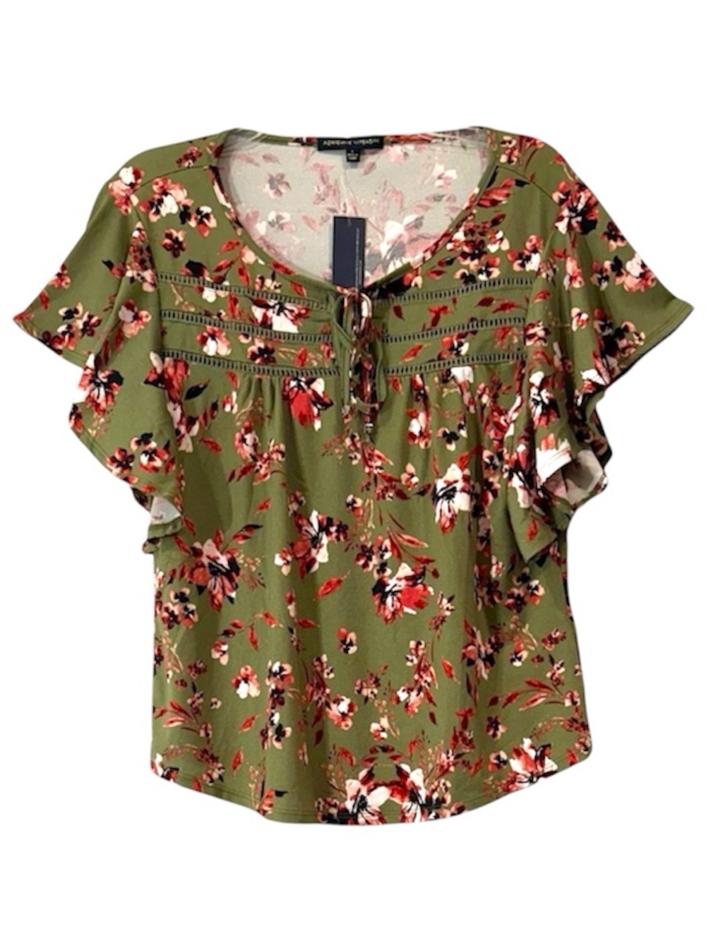 NWT Adrienne Vittadini Large Olive Floral Flutter Sleeve Boho Peasant Blouse